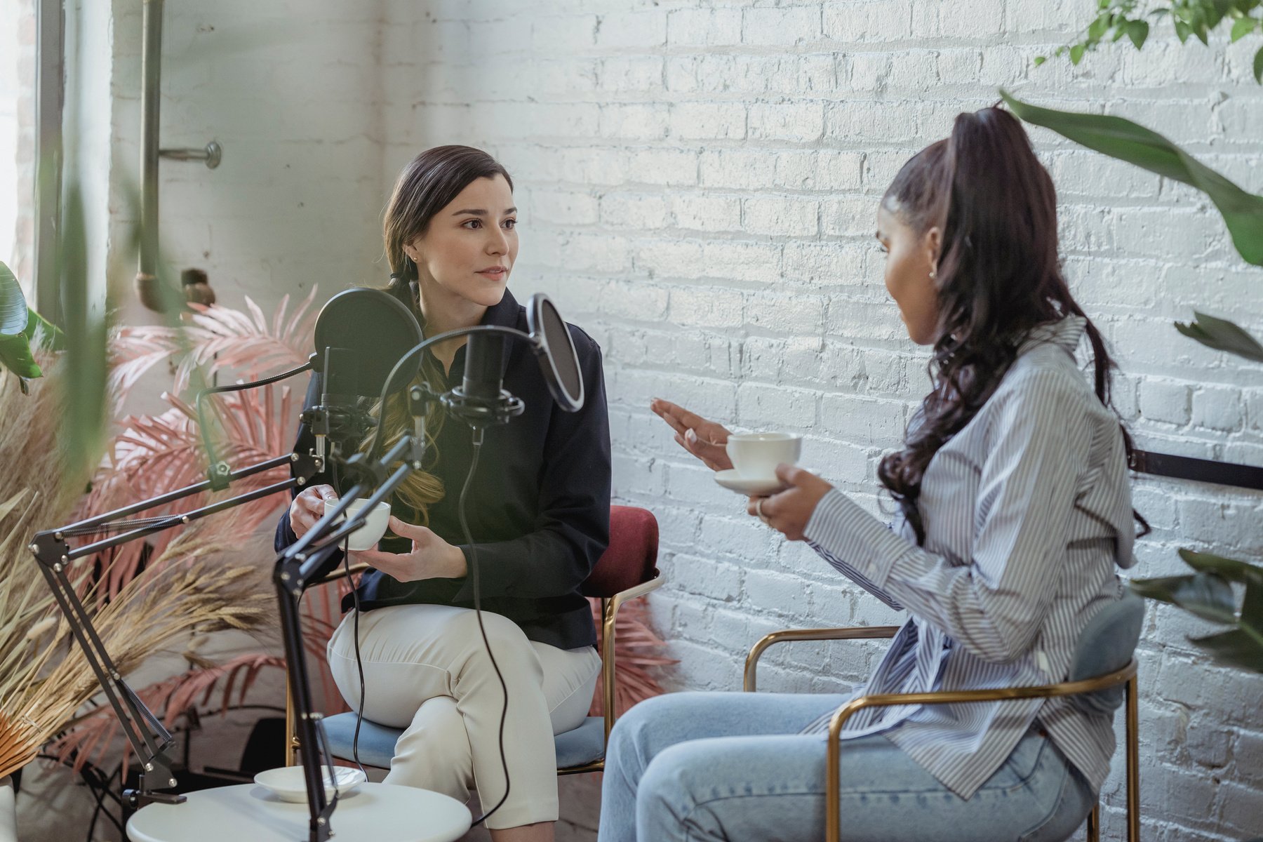 Female journalist having interview with black woman